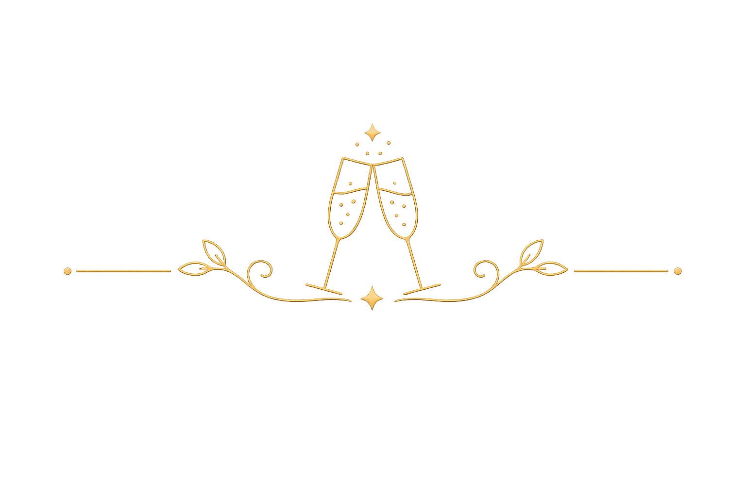 "Goldene Trennlinie mit zwei anstoßenden Sektgläsern und feinen Schnörkeln."